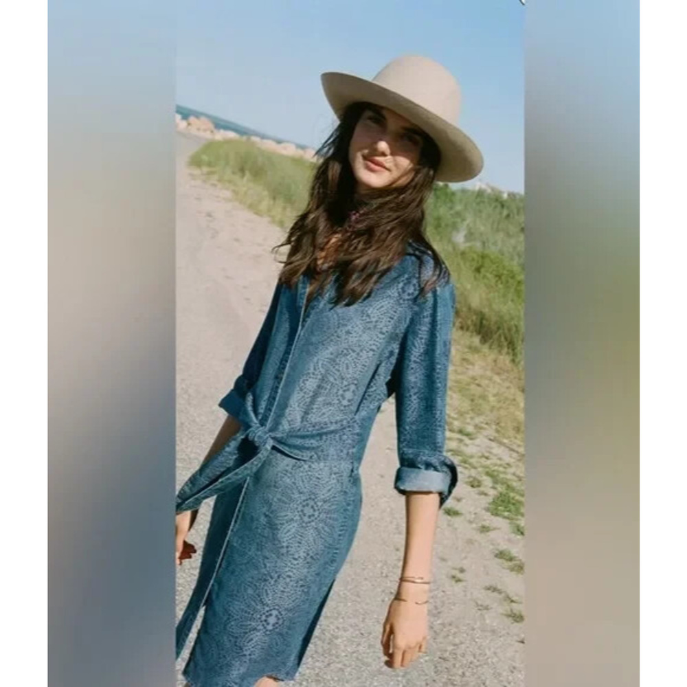 Cloth & Stone x Anthropologie Chambray Printed Button Belted Shirt Dress Small - Picture 16 of 16
